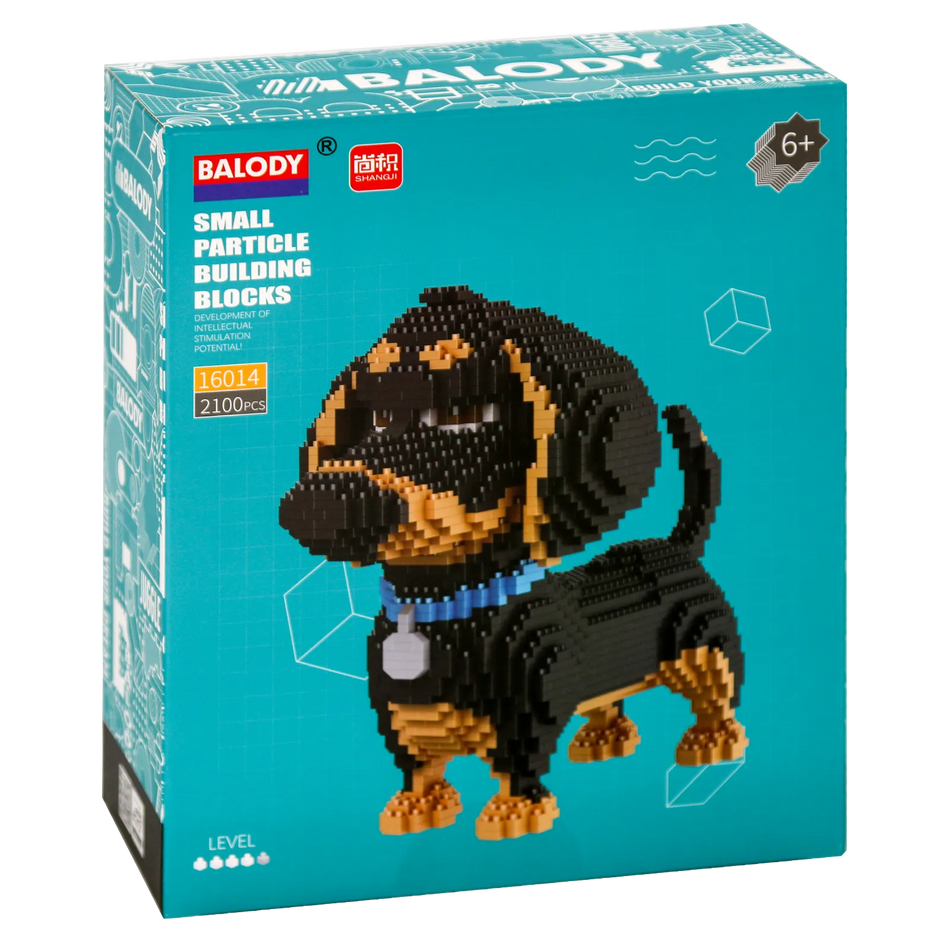 Vorderseite der Verpackung der Balody Miniblocks großer schwarz-brauner Dackel