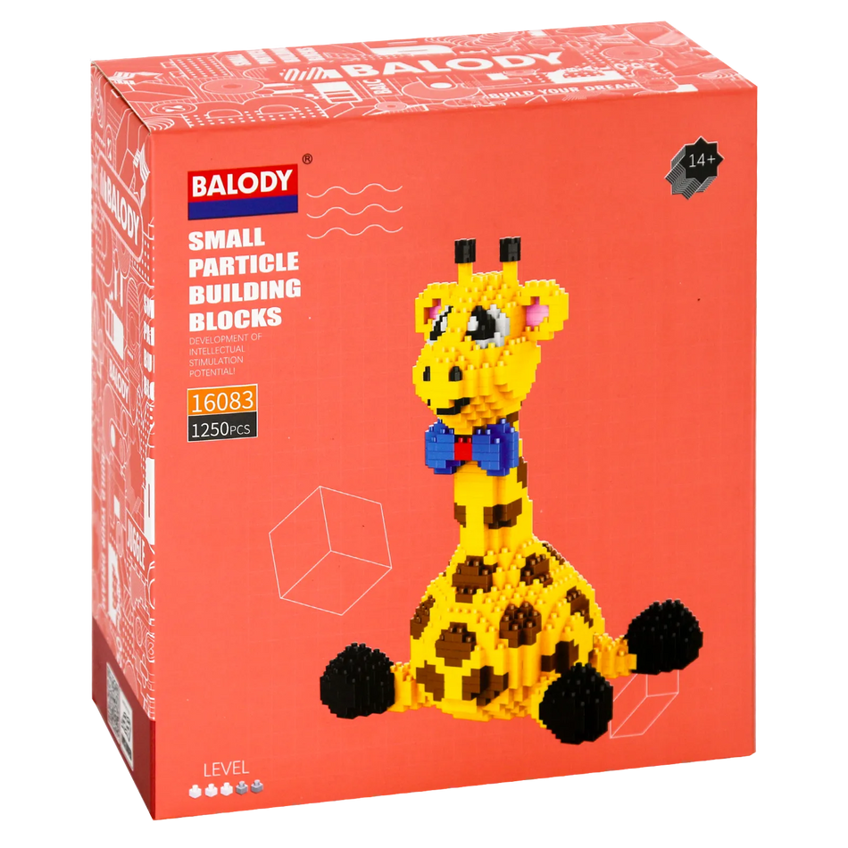 Vorderseite der Verpackung der Balody Miniblocks sitzende Giraffe