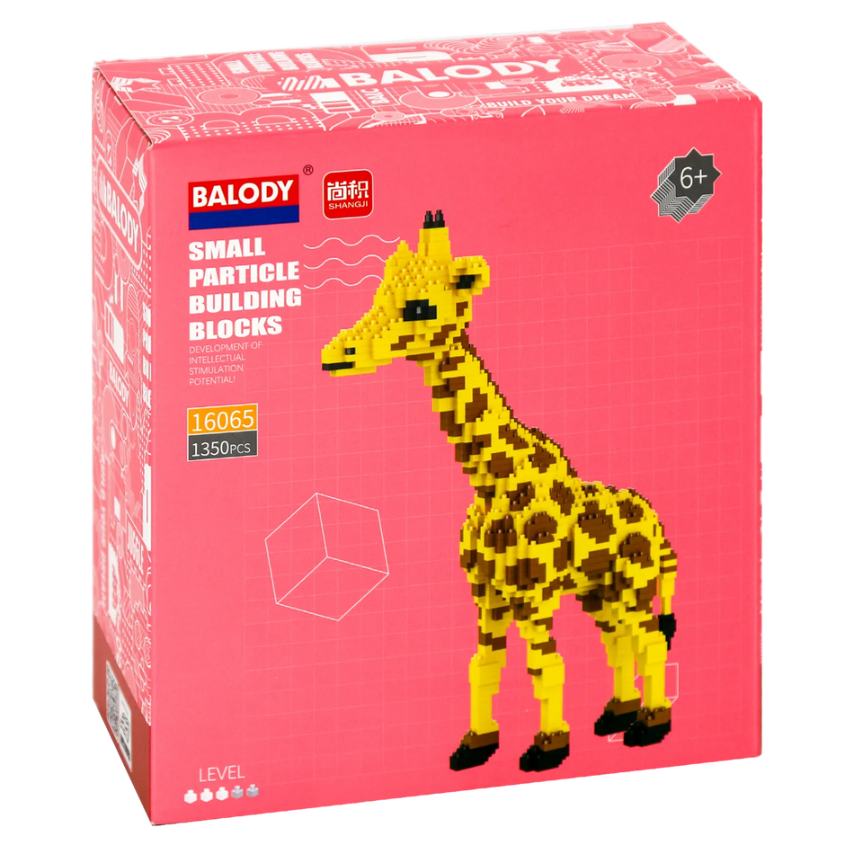 Vorderseite der Verpackung der Balody Miniblocks stehende Giraffe