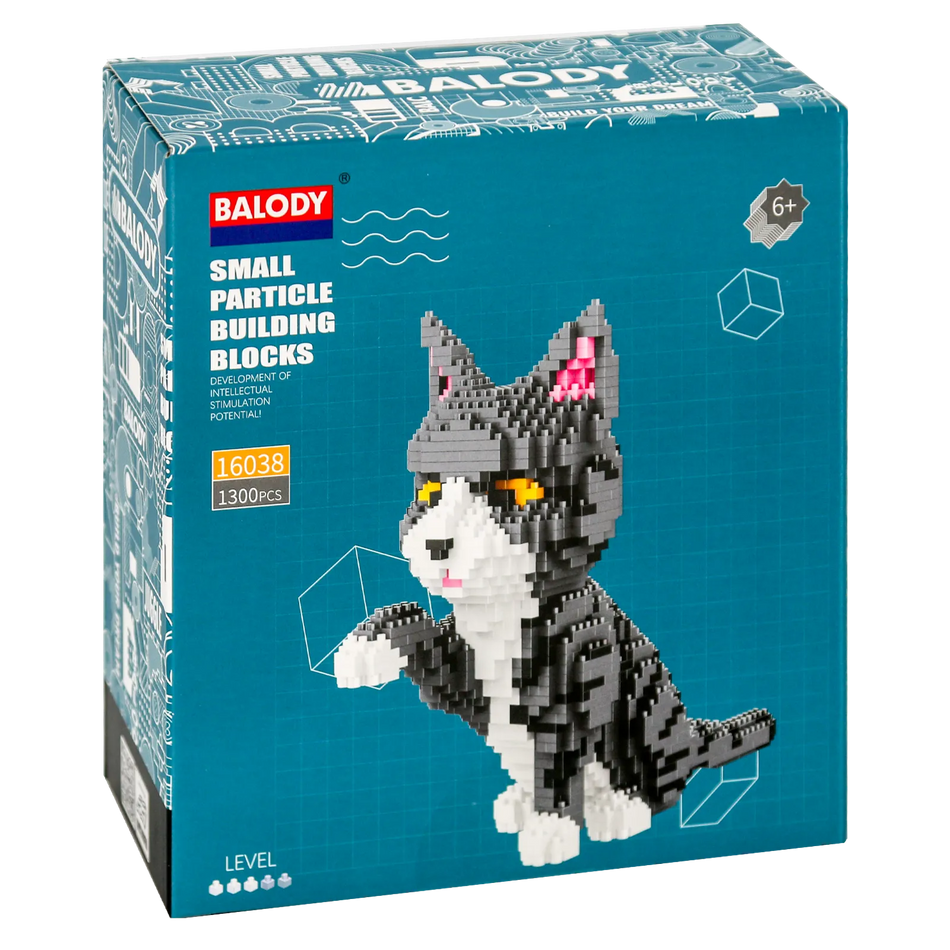 Vorderseite der Verpackung der Balody Miniblocks grau-weiße Katze