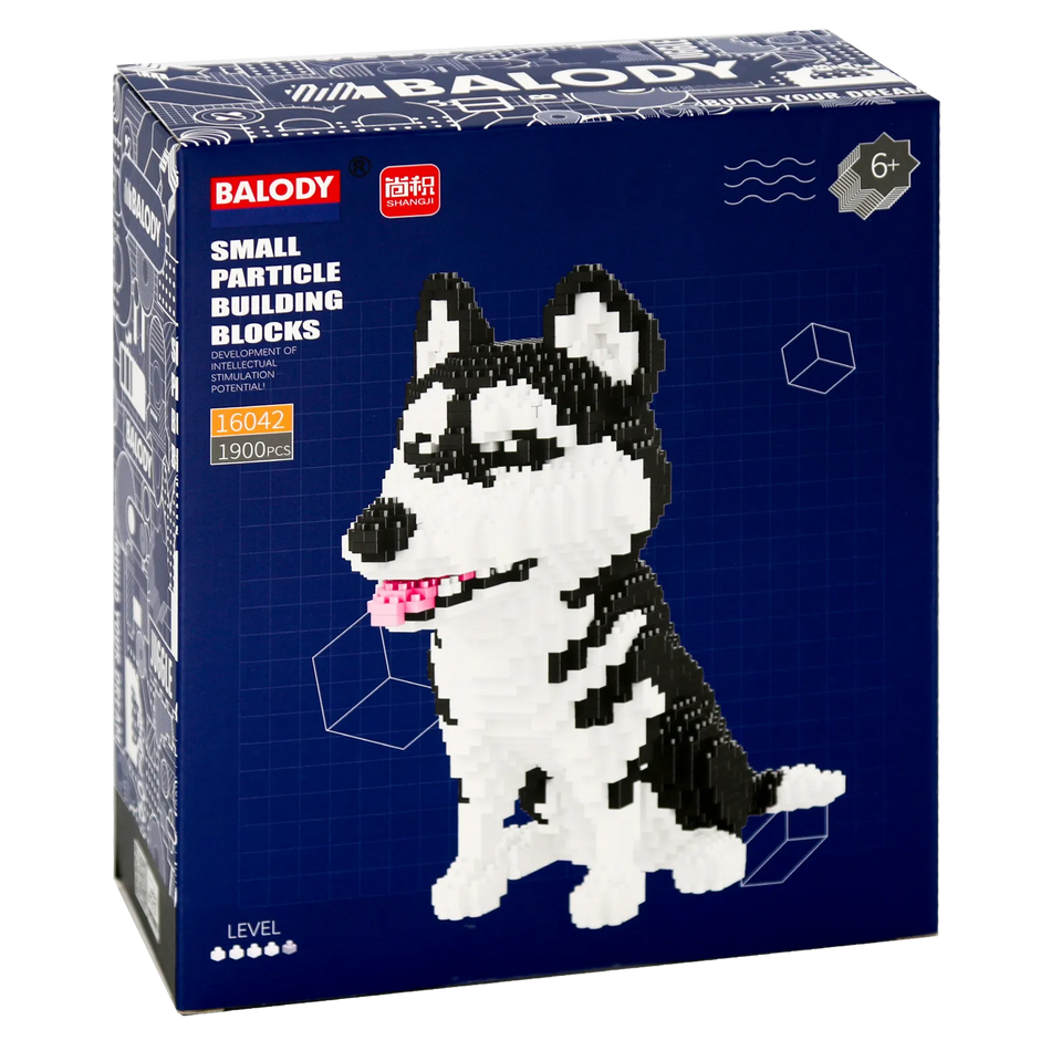 Vorderseite der Verpackung der Balody Miniblocks Großer Husky