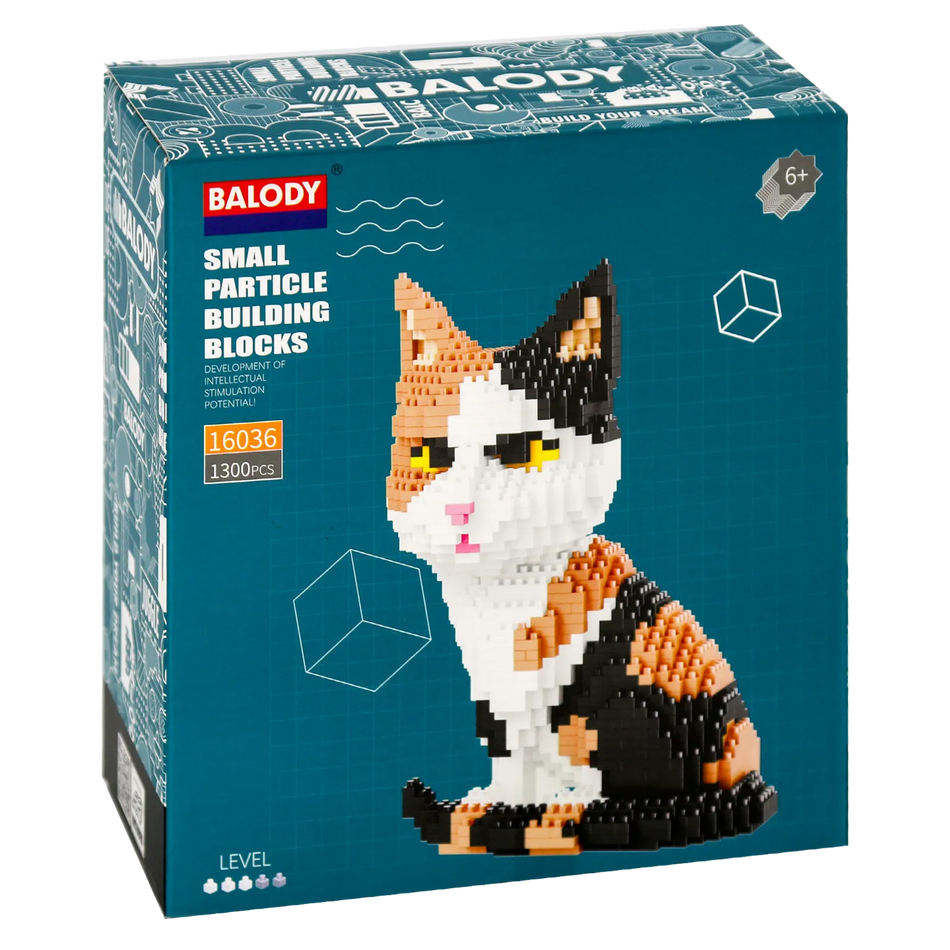 Vorderseite der Verpackung der Balody Miniblocks Schildpatt Katze