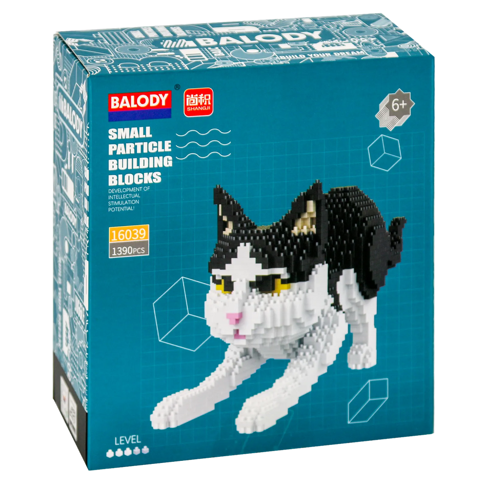 Vorderseite der Verpackung der Balody Miniblocks schwarz-weiße Katze